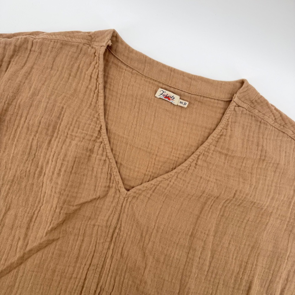 Faherty Ischia Dress Womens M/L Tan Seersucker Cotton Double Gauze V-Neck Midi